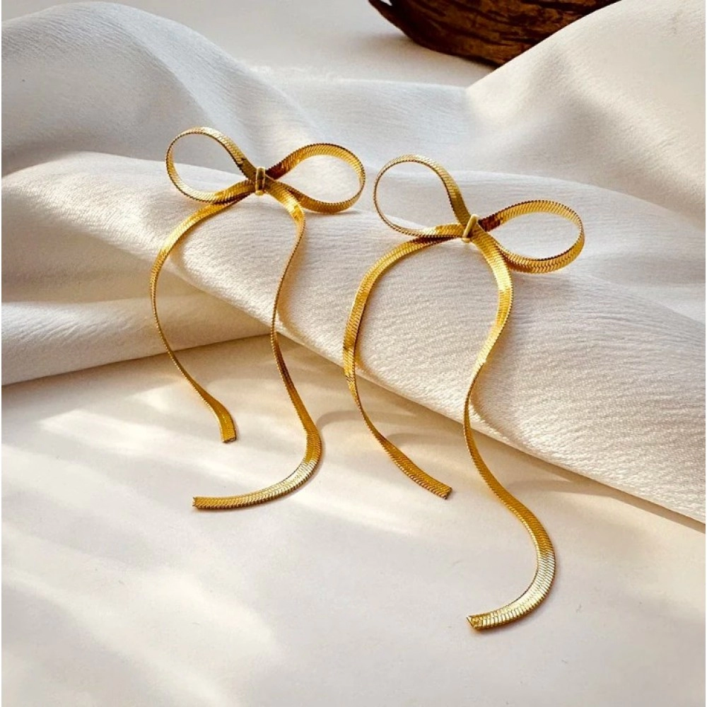 New Fashion Gold Color stainless steel Flat Snake Chain Knot Bow Earrings for Women Girls Bowknot Long Tassel Earring Jewelry New Fashion Gold Color stainless steel Flat Snake Chain Knot Bow Earrings for Women Girls Bowknot Long Tassel Earring Jewelry