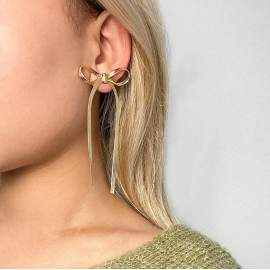 New Fashion Gold Color stainless steel Flat Snake Chain Knot Bow Earrings for Women Girls Bowknot Long Tassel Earring Jewelry